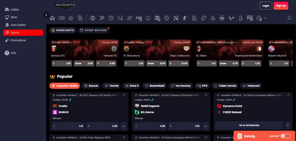 Explore Incognito Casino sports page